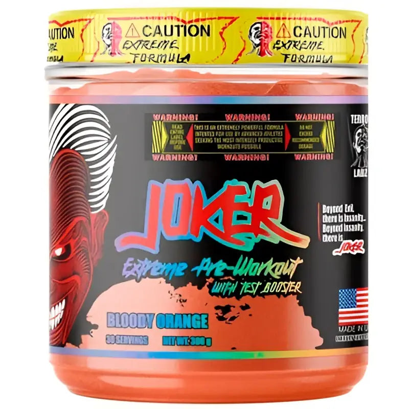 Un envase naranja vibrante y cilíndrico de terror labz joker extreme pre workout con tapa amarilla y diseño negro y rojo